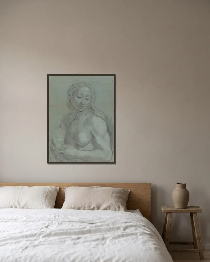 Halbfigur der Maria Magdalena (Versoseite) von Federico Barocci gerahmt an einer Wand