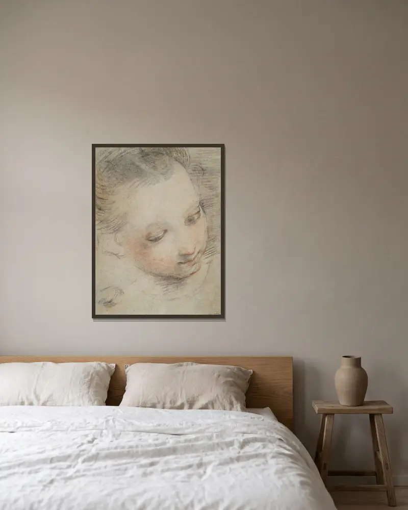 Huvud av en flicka, studie för en figur i Madonna del Popolo-altartavlan i Uffizierna av Federico Barocci inramad på en vägg