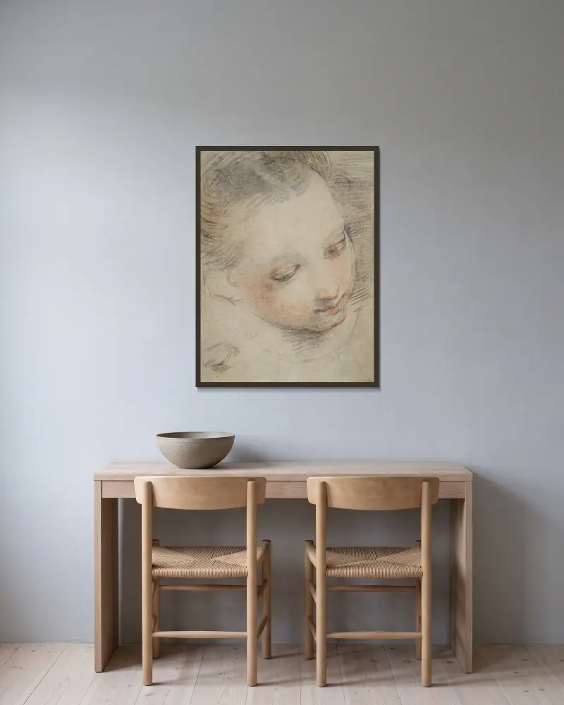 Huvud av en flicka, studie för en figur i Madonna del Popolo-altartavlan i Uffizierna av Federico Barocci inramad på en vägg