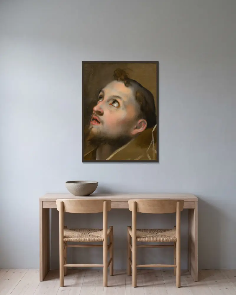 Studie för huvudet av den helige Franciskus av Federico Barocci inramad på en vägg