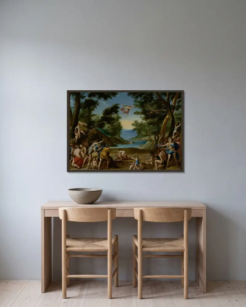 Amor und Pan von Federico Zuccaro gerahmt an einer Wand