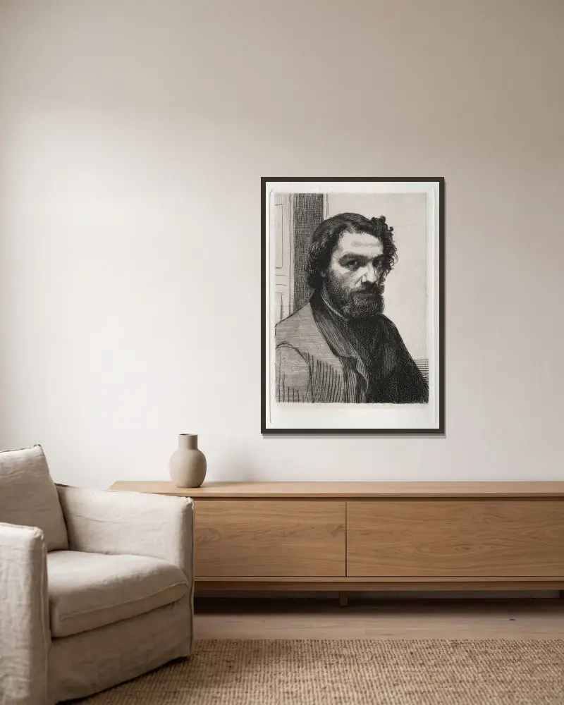 Alphonse Legros av Félix Bracquemond inramad på en vägg