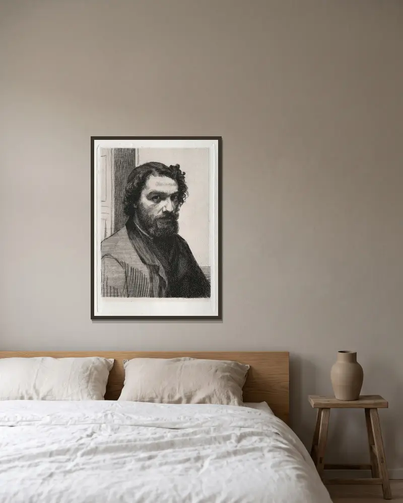 Alphonse Legros av Félix Bracquemond inramad på en vägg