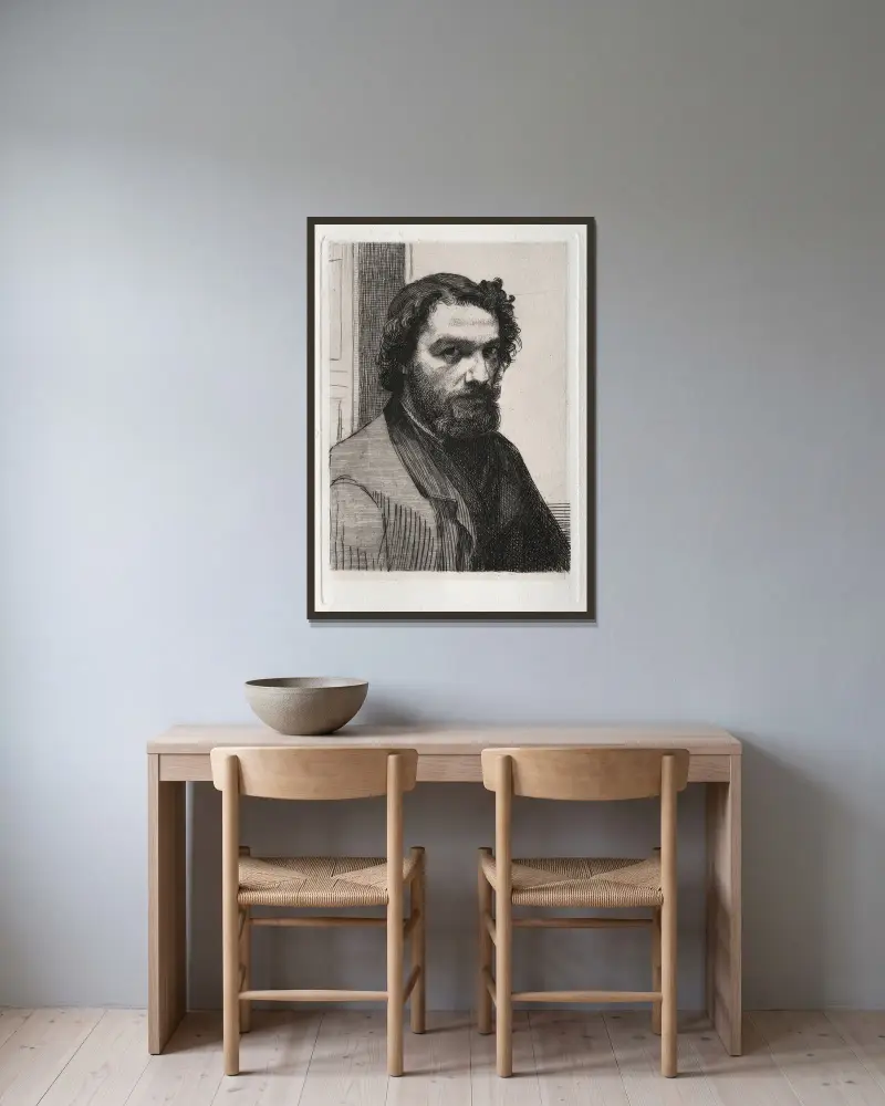 Alphonse Legros av Félix Bracquemond inramad på en vägg