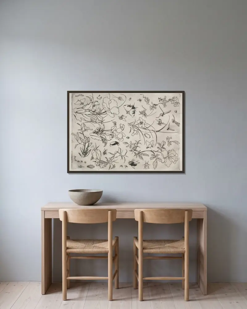 Tafelservice (Rousseau-Service); Blumen und Insekten (Nr. 15) von Félix Bracquemond gerahmt an einer Wand