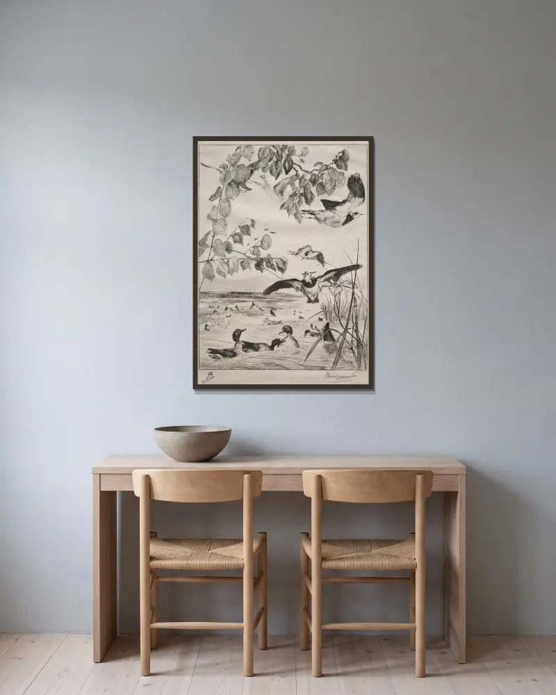 Lapwings and Teals av Félix Bracquemond inramad på en vägg