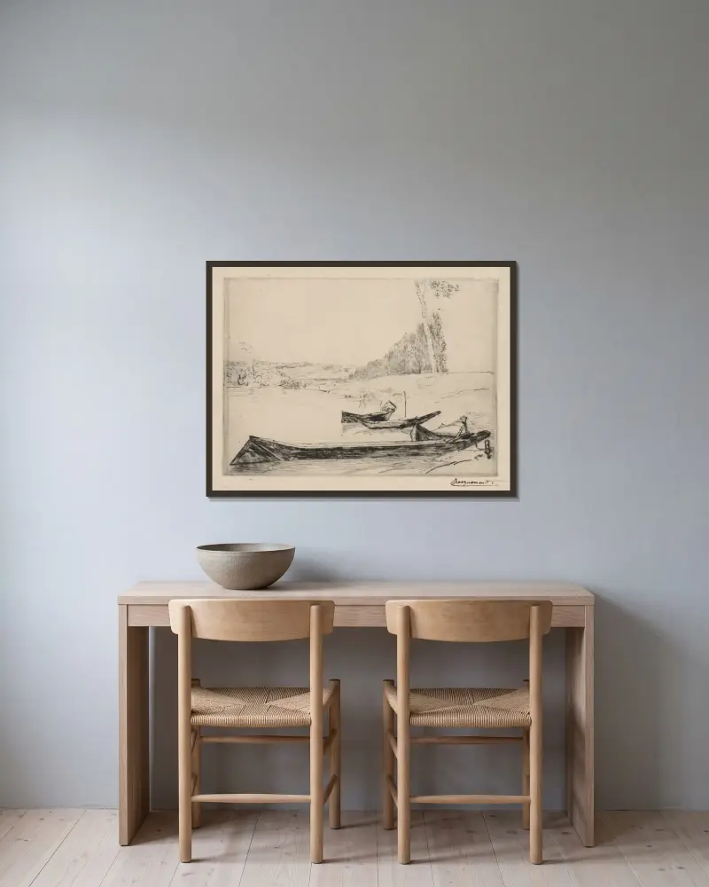 Små färjor på Seines stränder av Félix Bracquemond inramad på en vägg