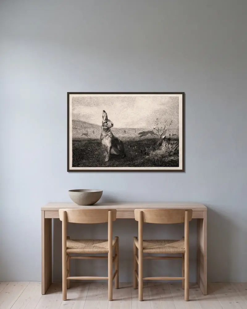 Der Hase (nach A. de Balleroy) von Félix Bracquemond gerahmt an einer Wand