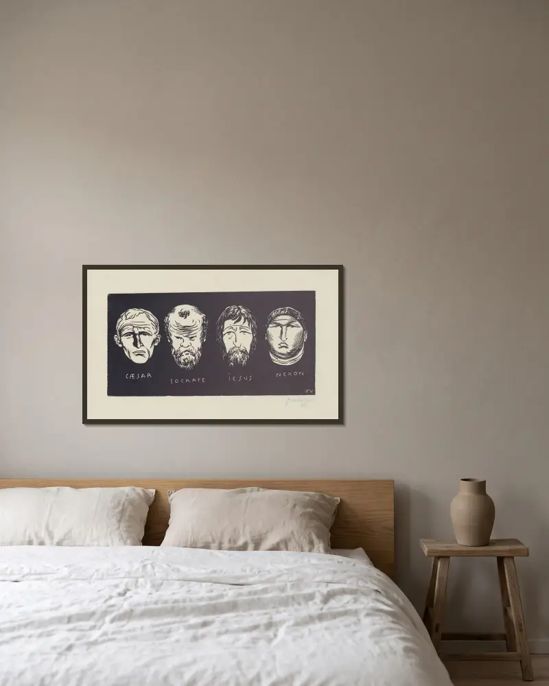 Caesar, Socrate, Iesus, Neron av Félix Vallotton inramad på en vägg