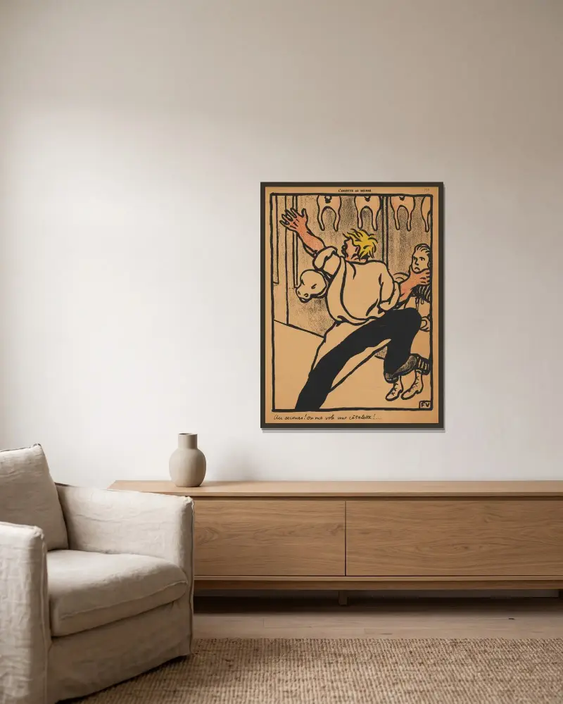 Brott och straff; Hjälp! Min kotlett blir stulen! av Félix Vallotton inramad på en vägg