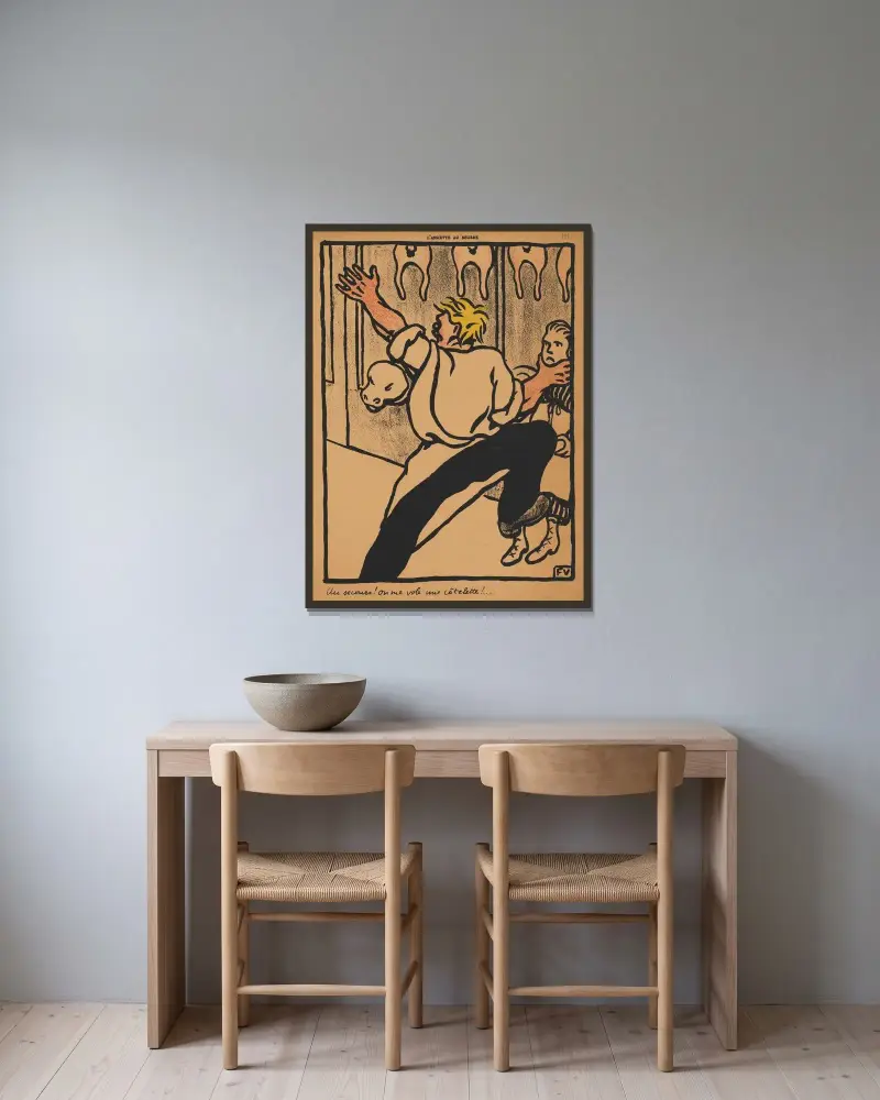 Brott och straff; Hjälp! Min kotlett blir stulen! av Félix Vallotton inramad på en vägg
