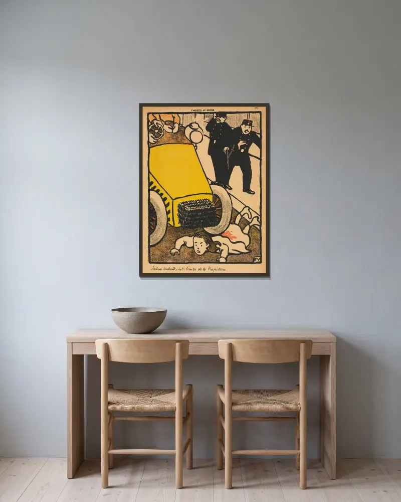 Brott och straff; Hjälp! Hälsa först… av Félix Vallotton inramad på en vägg
