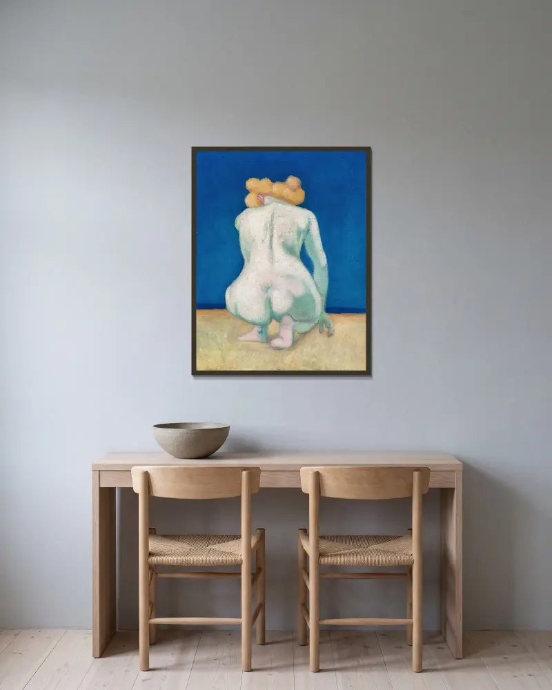 Blond kvinna hukande bakifrån av Félix Vallotton inramad på en vägg