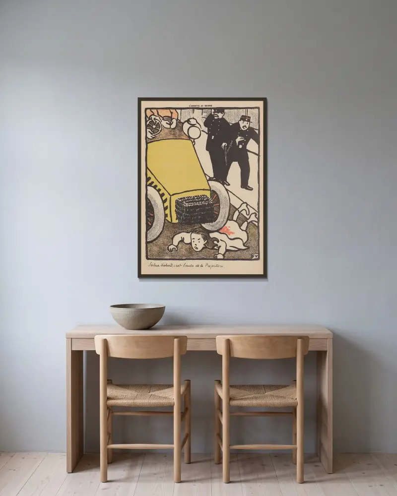 Hälsa först, det är polisbilen av Félix Vallotton inramad på en vägg
