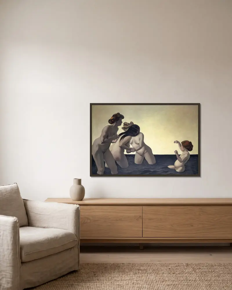 Tre kvinnor och en liten flicka som leker i vattnet av Félix Vallotton inramad på en vägg