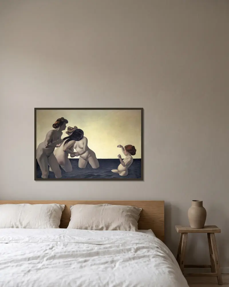 Tre kvinnor och en liten flicka som leker i vattnet av Félix Vallotton inramad på en vägg