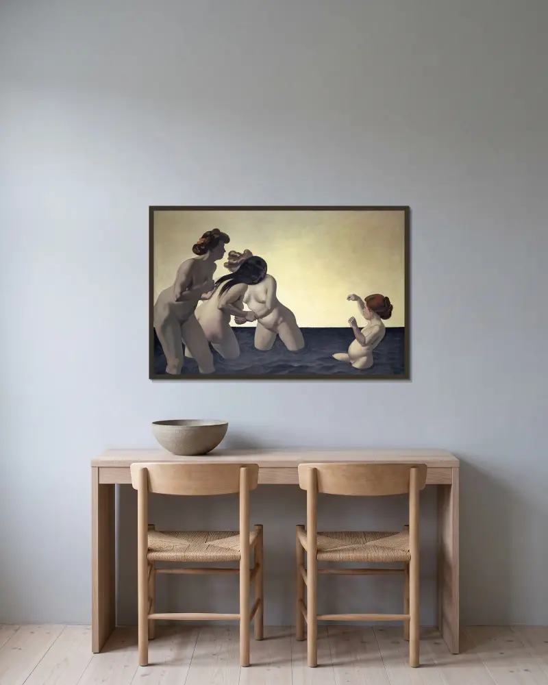 Tre kvinnor och en liten flicka som leker i vattnet av Félix Vallotton inramad på en vägg