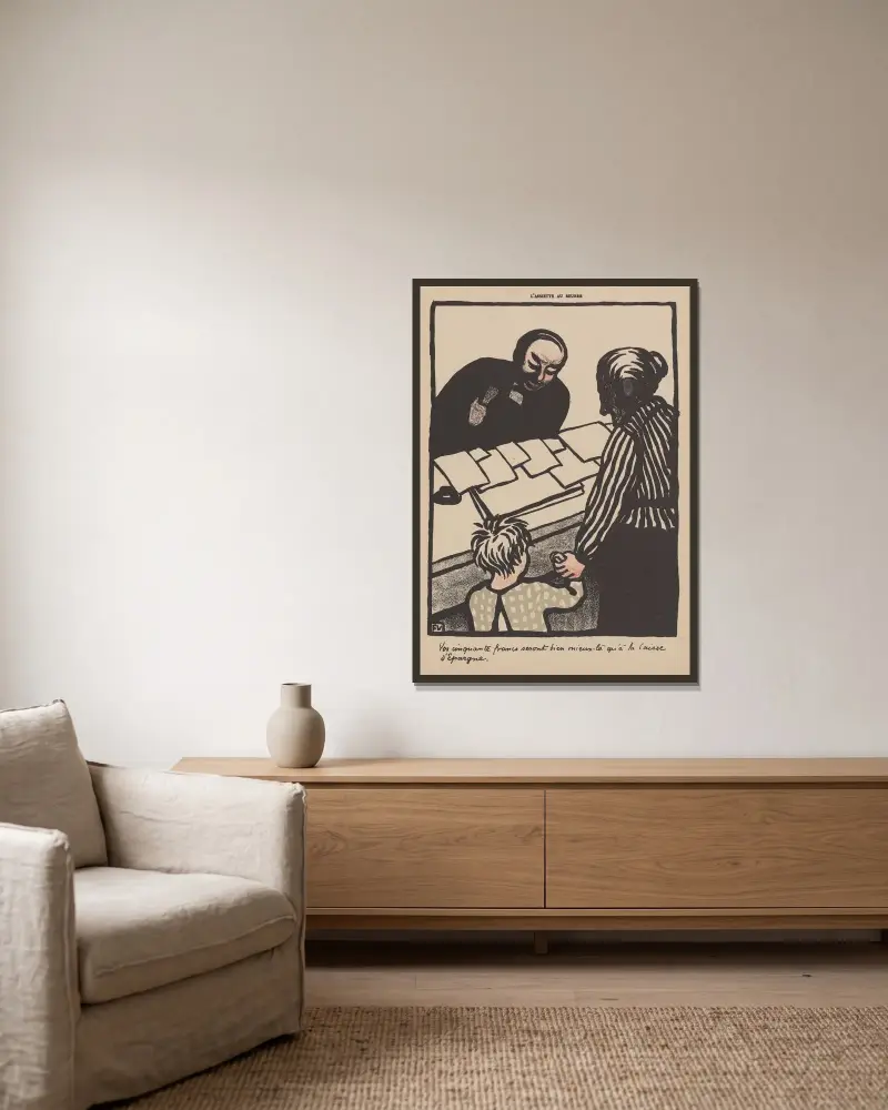 Dina femtio franc skulle vara bättre placerade här än i sparbanken av Félix Vallotton inramad på en vägg