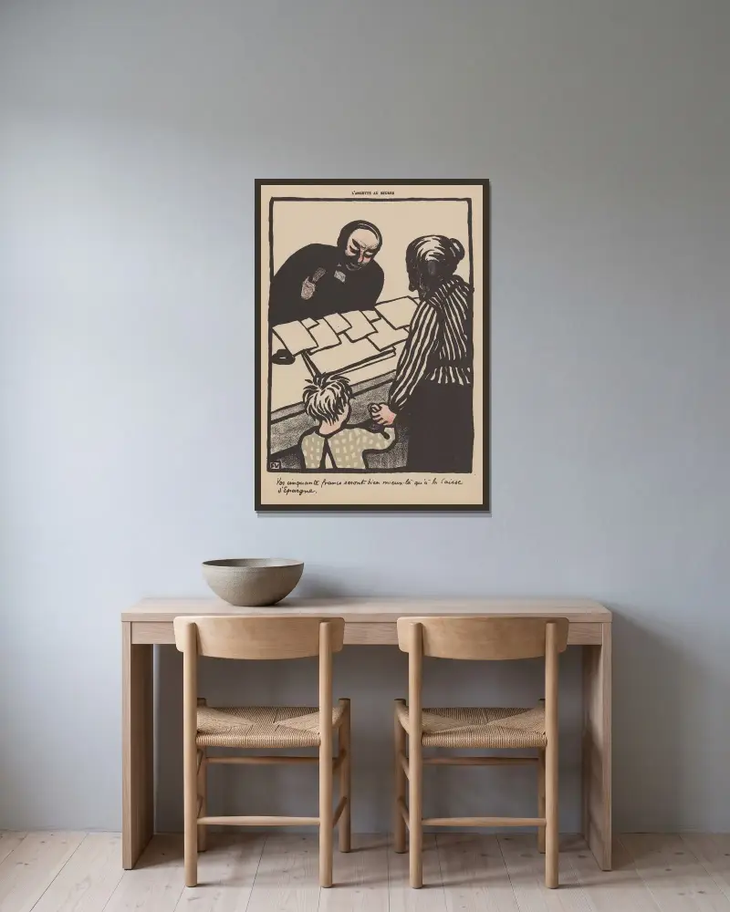 Dina femtio franc skulle vara bättre placerade här än i sparbanken av Félix Vallotton inramad på en vägg