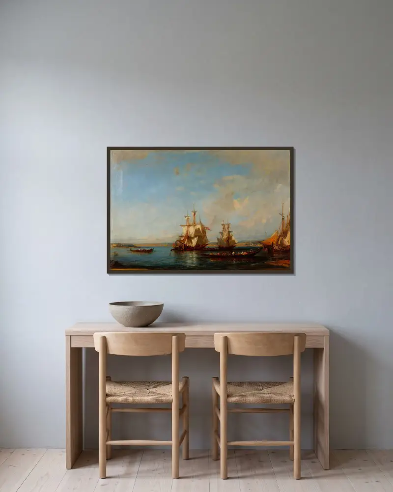 Kaiker och segelbåtar vid Bosporen av Félix Ziem inramad på en vägg