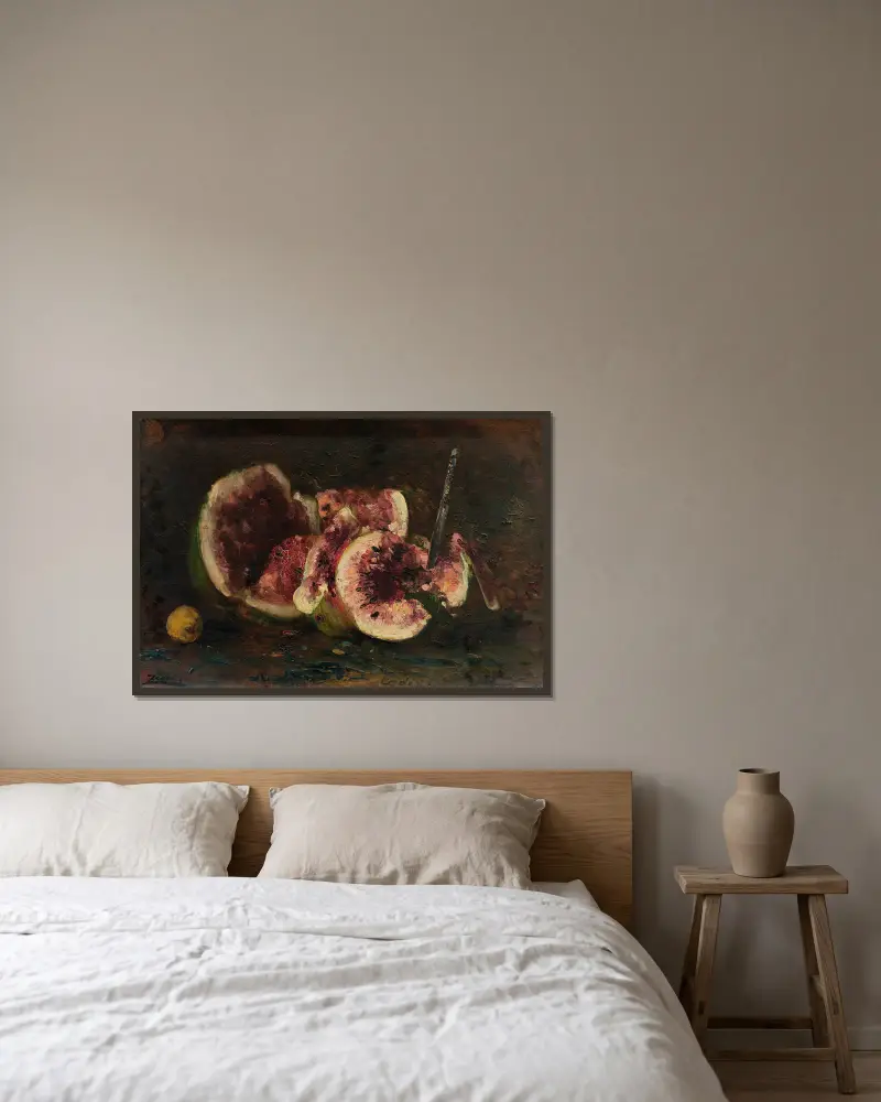 Stillleben mit Wassermelonen und Messer von Félix Ziem gerahmt an einer Wand