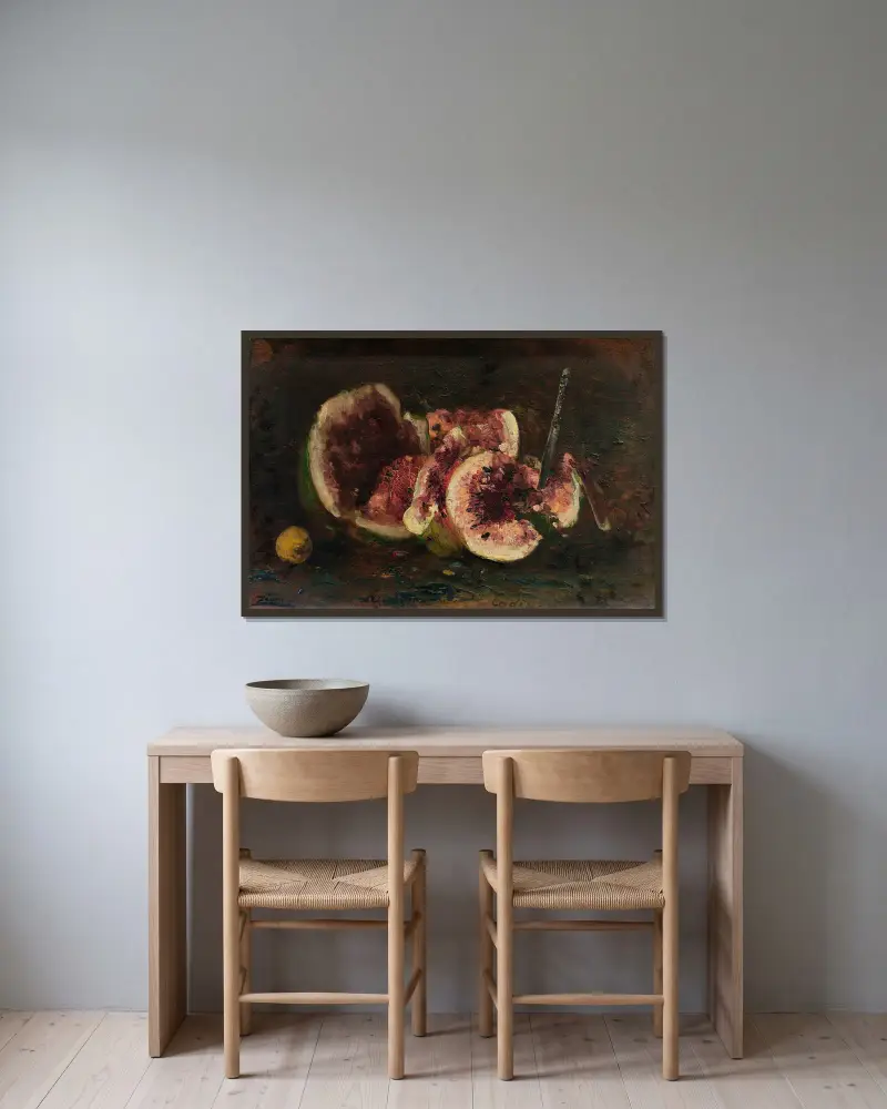 Stillleben mit Wassermelonen und Messer von Félix Ziem gerahmt an einer Wand