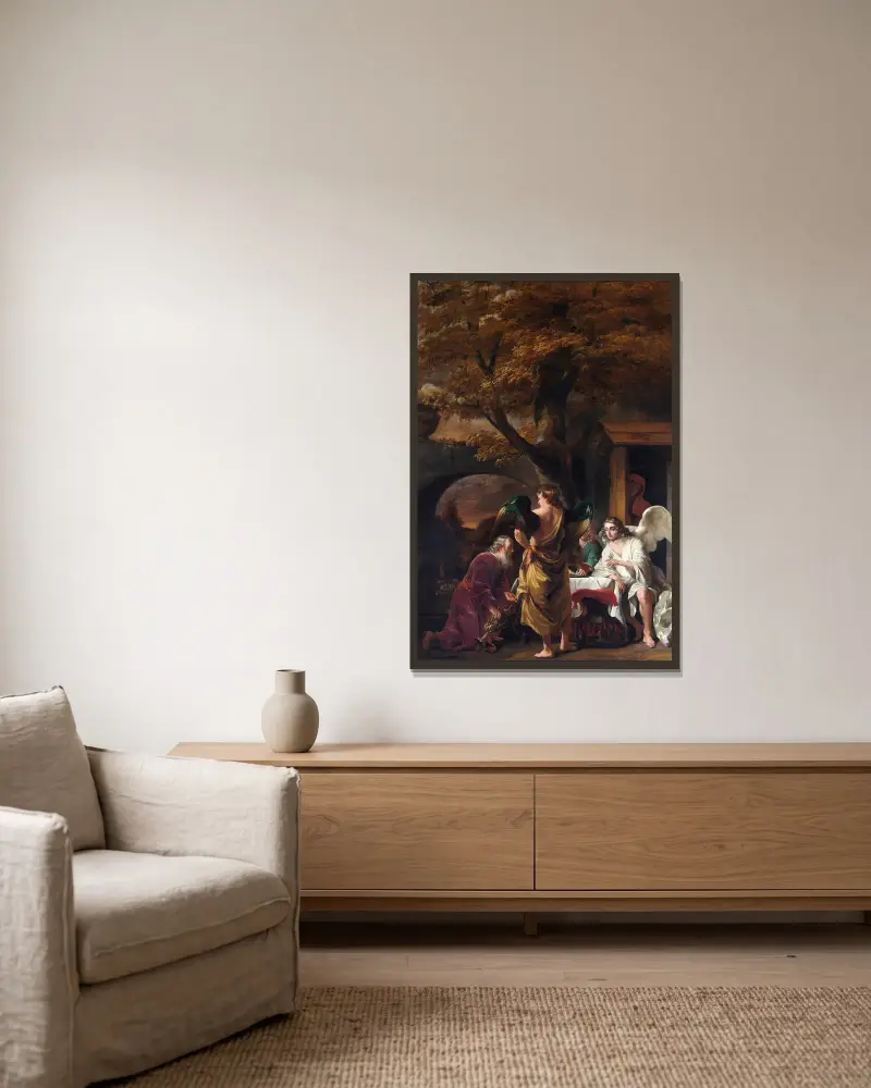 Abraham und die drei Engel von Ferdinand Bol gerahmt an einer Wand