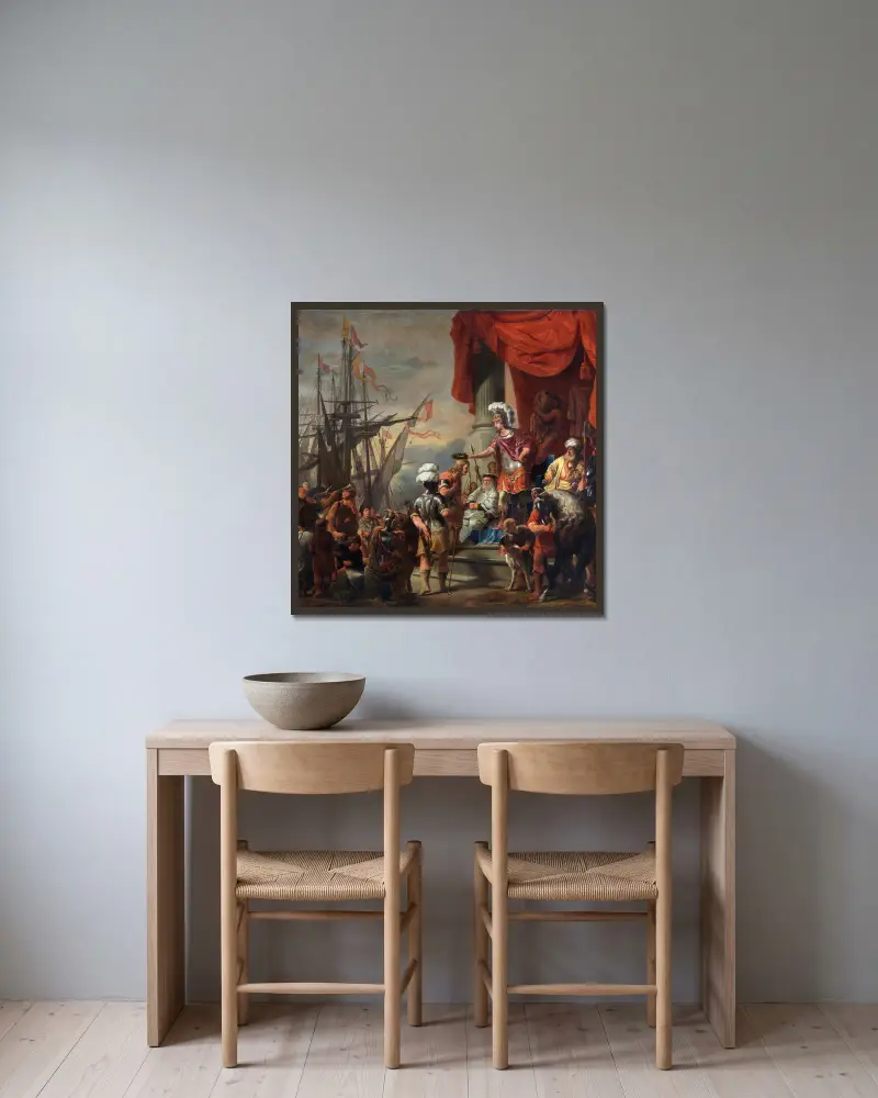 Aeneas vid Latinus hov av Ferdinand Bol inramad på en vägg
