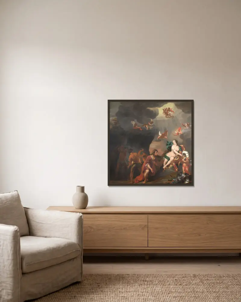 Aeneas tar emot en ny rustning av Venus av Ferdinand Bol inramad på en vägg