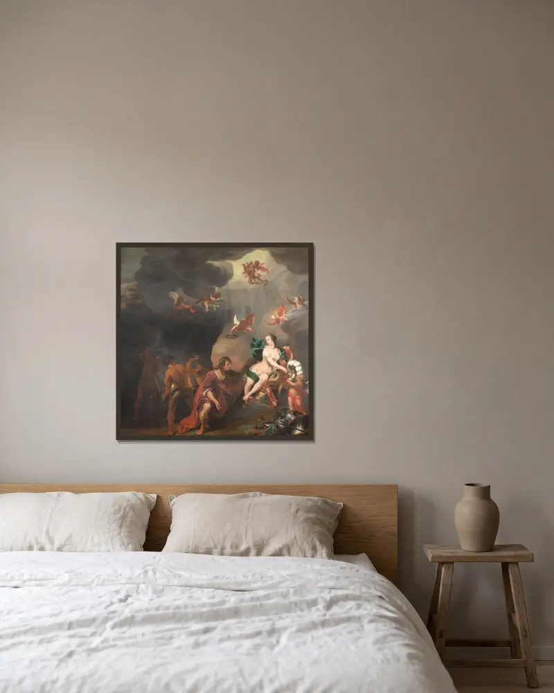 Aeneas tar emot en ny rustning av Venus av Ferdinand Bol inramad på en vägg