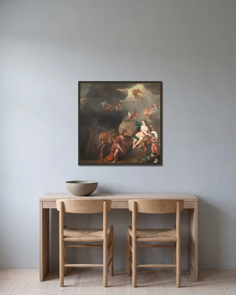 Aeneas tar emot en ny rustning av Venus av Ferdinand Bol inramad på en vägg