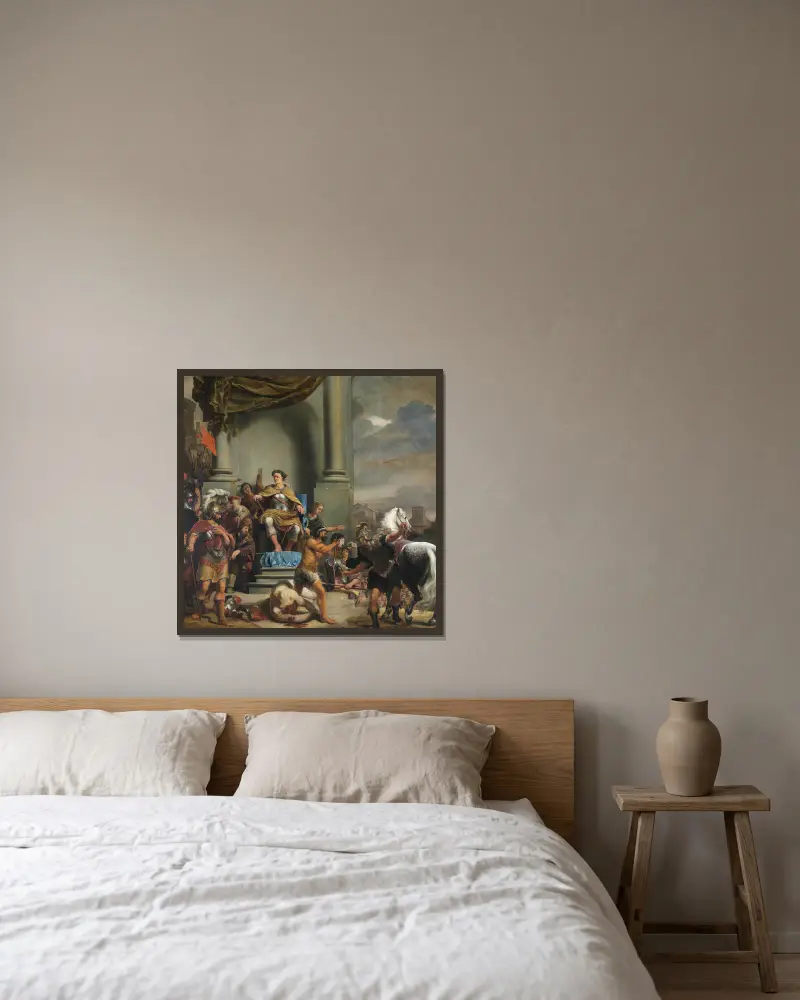 Konsul Titus Manlius Torquatus befiehlt die Enthauptung seines Sohnes von Ferdinand Bol gerahmt an einer Wand