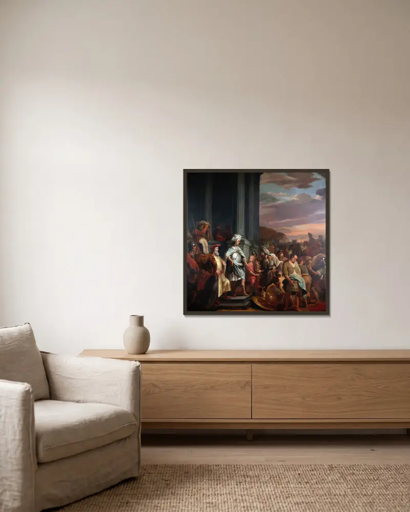 König Kyros übergibt den aus dem Tempel von Jerusalem geraubten Schatz von Ferdinand Bol gerahmt an einer Wand