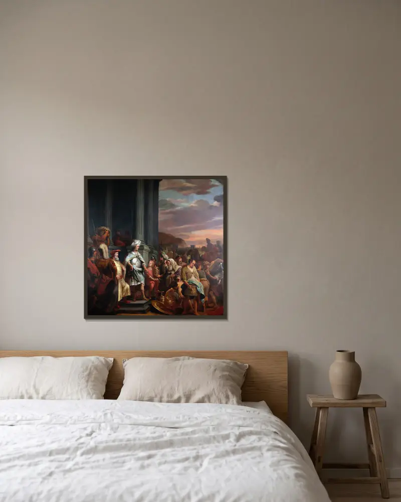 König Kyros übergibt den aus dem Tempel von Jerusalem geraubten Schatz von Ferdinand Bol gerahmt an einer Wand