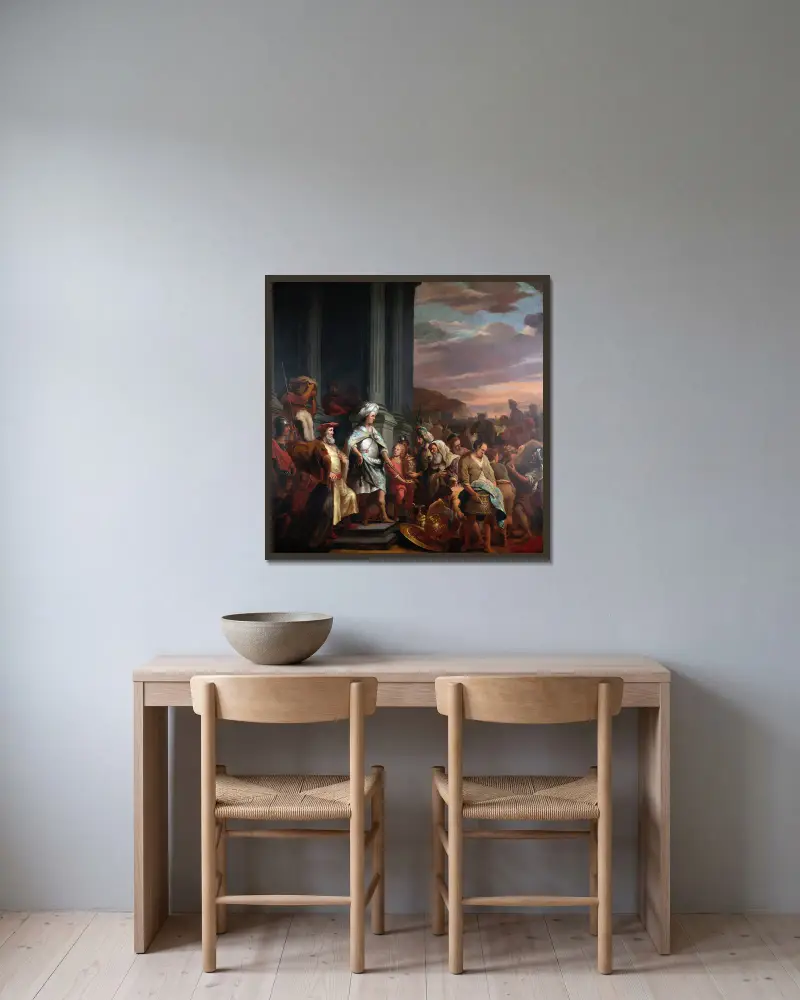 König Kyros übergibt den aus dem Tempel von Jerusalem geraubten Schatz von Ferdinand Bol gerahmt an einer Wand