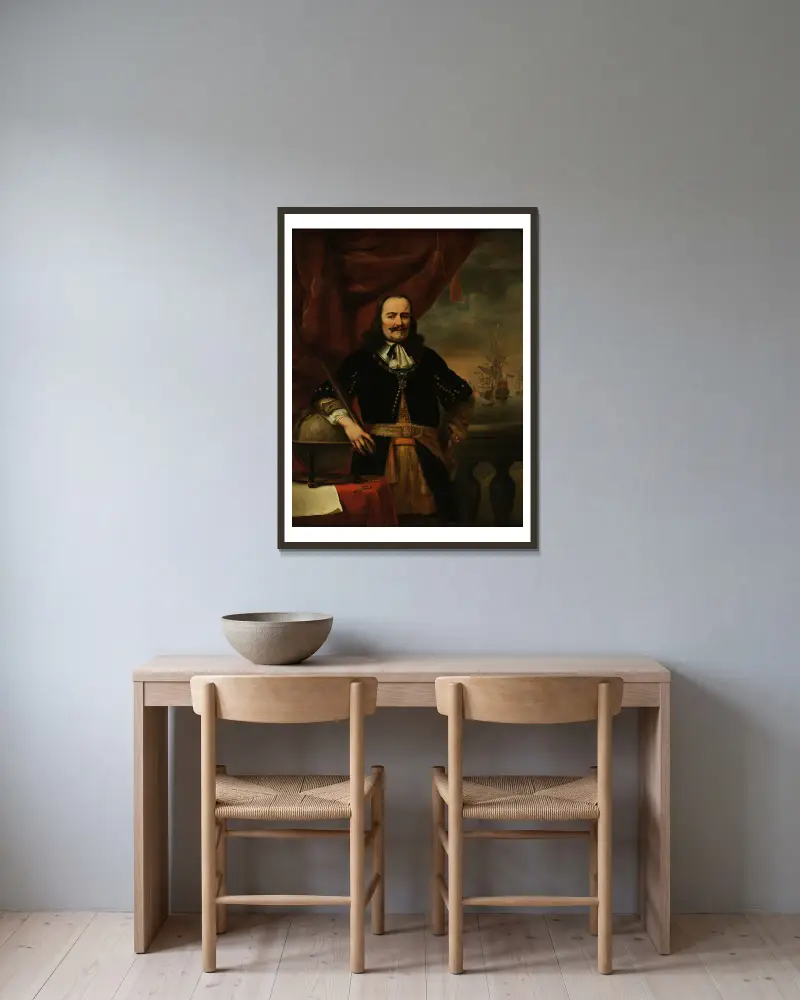 Michiel de Ruyter som viceamiral av Ferdinand Bol inramad på en vägg