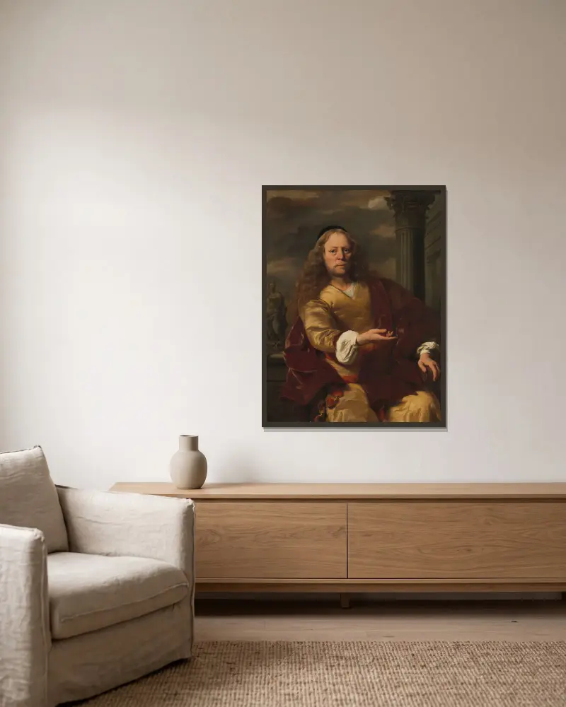 Porträtt av en man av Ferdinand Bol inramad på en vägg