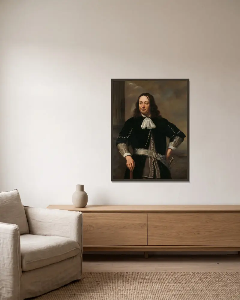 Porträt eines Marineoffiziers, vermutlich Vizeadmiral Aert van Nes (1626–1693) von Ferdinand Bol gerahmt an einer Wand