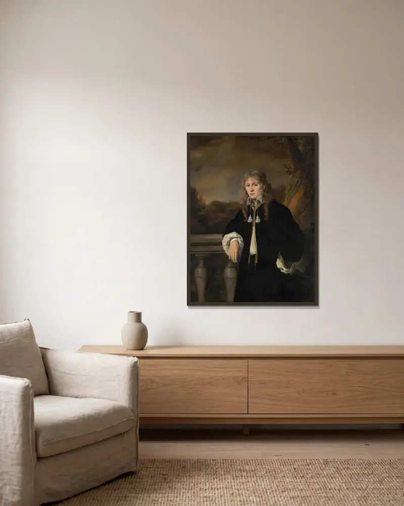 Porträtt av en ung man av Ferdinand Bol inramad på en vägg