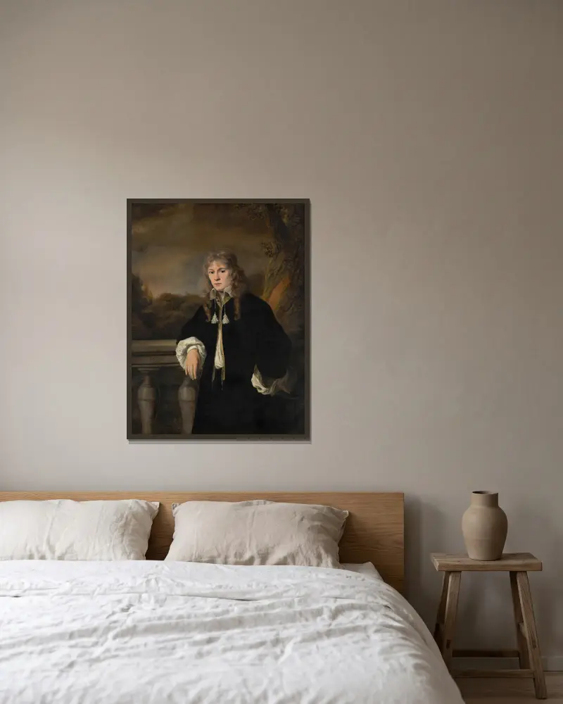 Porträtt av en ung man av Ferdinand Bol inramad på en vägg