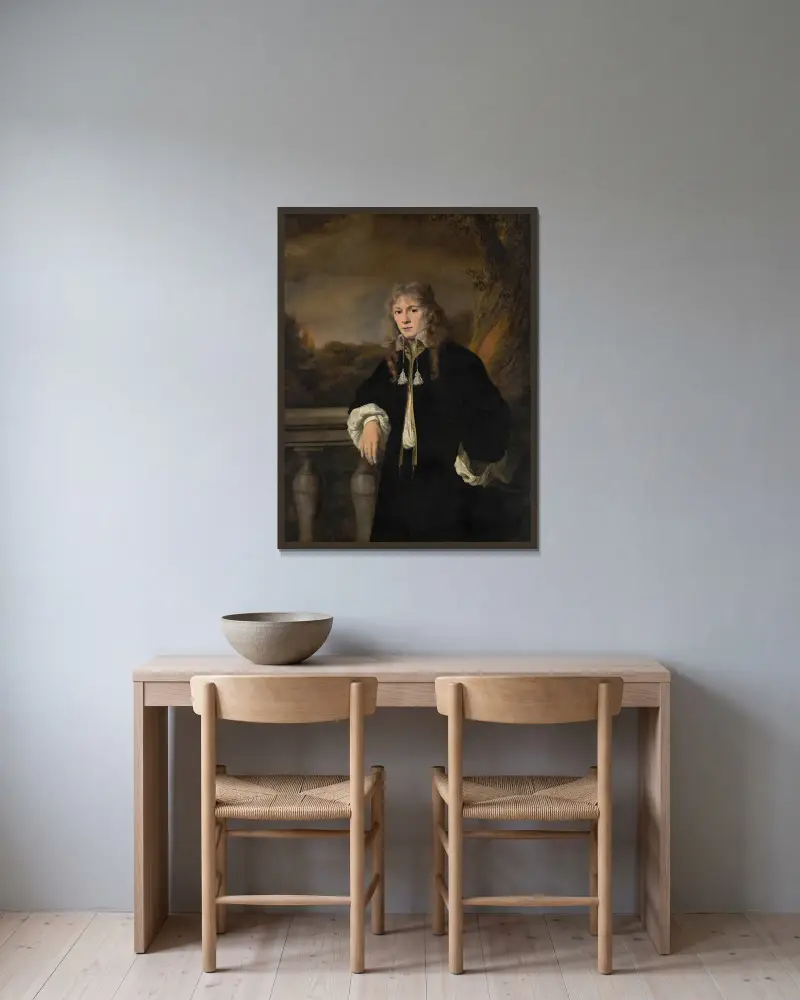 Porträtt av en ung man av Ferdinand Bol inramad på en vägg