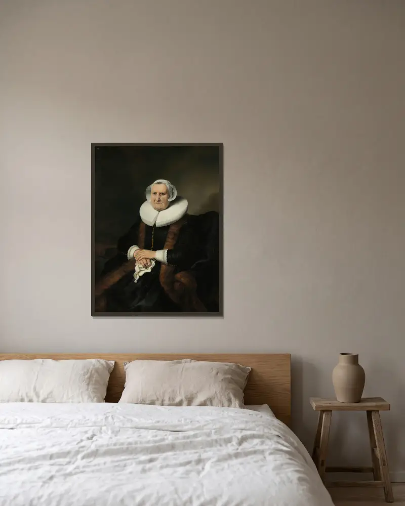 Porträtt av en äldre dam, möjligen Elisabeth Bas av Ferdinand Bol inramad på en vägg