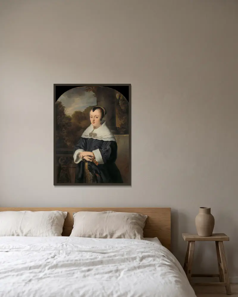 Porträtt av Maria Rey av Ferdinand Bol inramad på en vägg