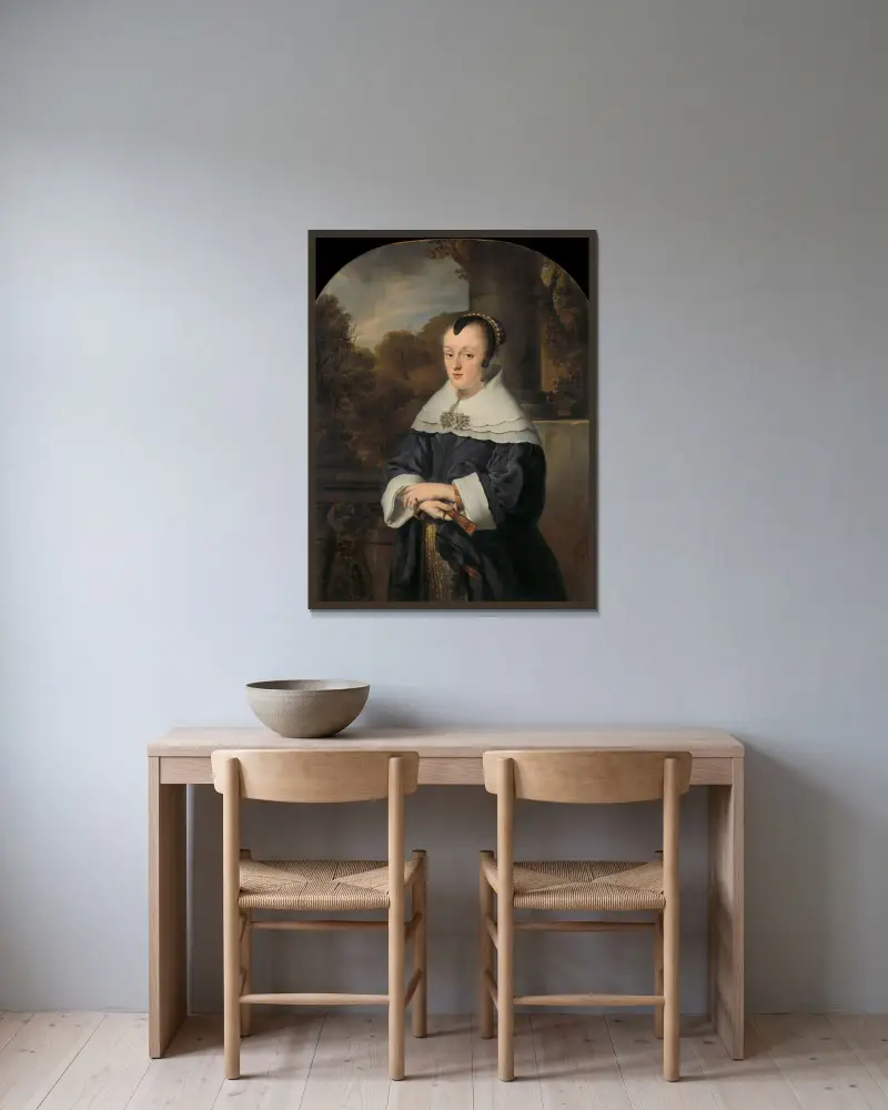 Porträtt av Maria Rey av Ferdinand Bol inramad på en vägg