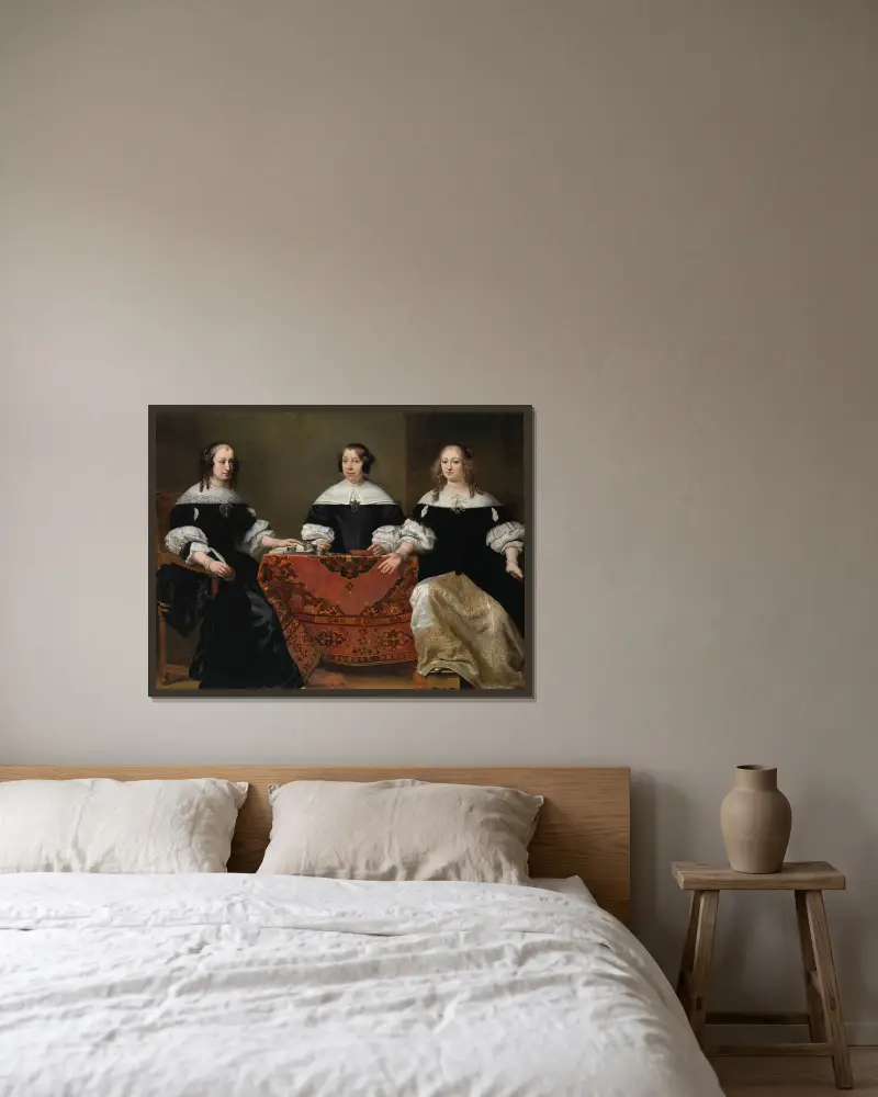 Porträtt av de tre regenterna vid Leprozenhuis i Amsterdam av Ferdinand Bol inramad på en vägg
