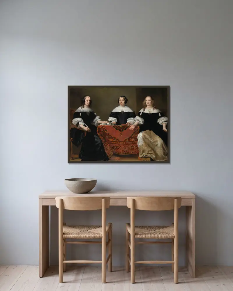 Porträtt av de tre regenterna vid Leprozenhuis i Amsterdam av Ferdinand Bol inramad på en vägg