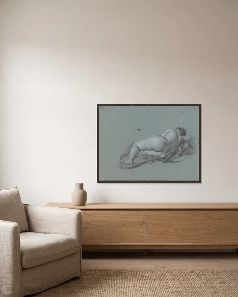 Liegende weibliche Aktstudie von Ferdinand Bol gerahmt an einer Wand