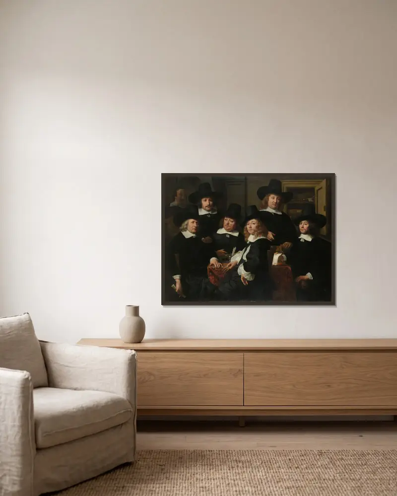Sechs Regenten und der Gemeindediener des Nieuw Zijds Instituts für die Armenfürsorge außer Haus, Amsterdam, 1657 von Ferdinand Bol gerahmt an einer Wand