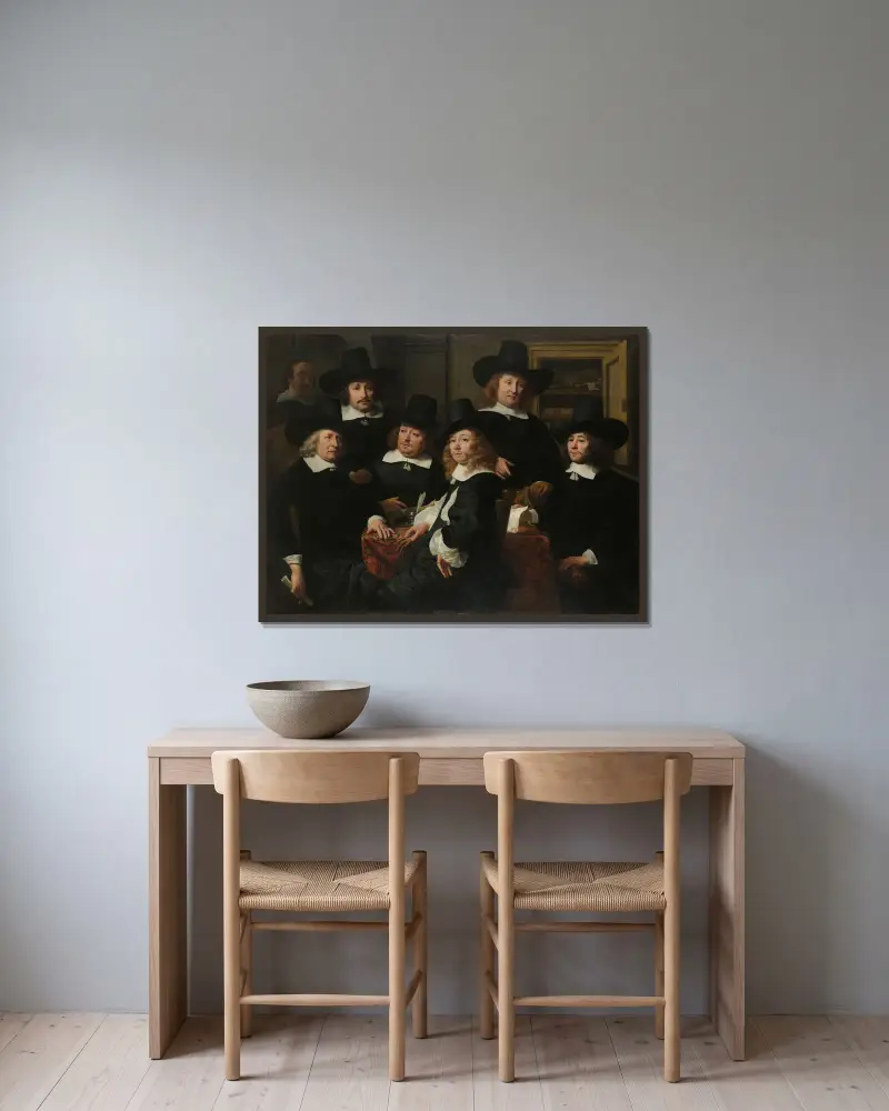 Sechs Regenten und der Gemeindediener des Nieuw Zijds Instituts für die Armenfürsorge außer Haus, Amsterdam, 1657 von Ferdinand Bol gerahmt an einer Wand