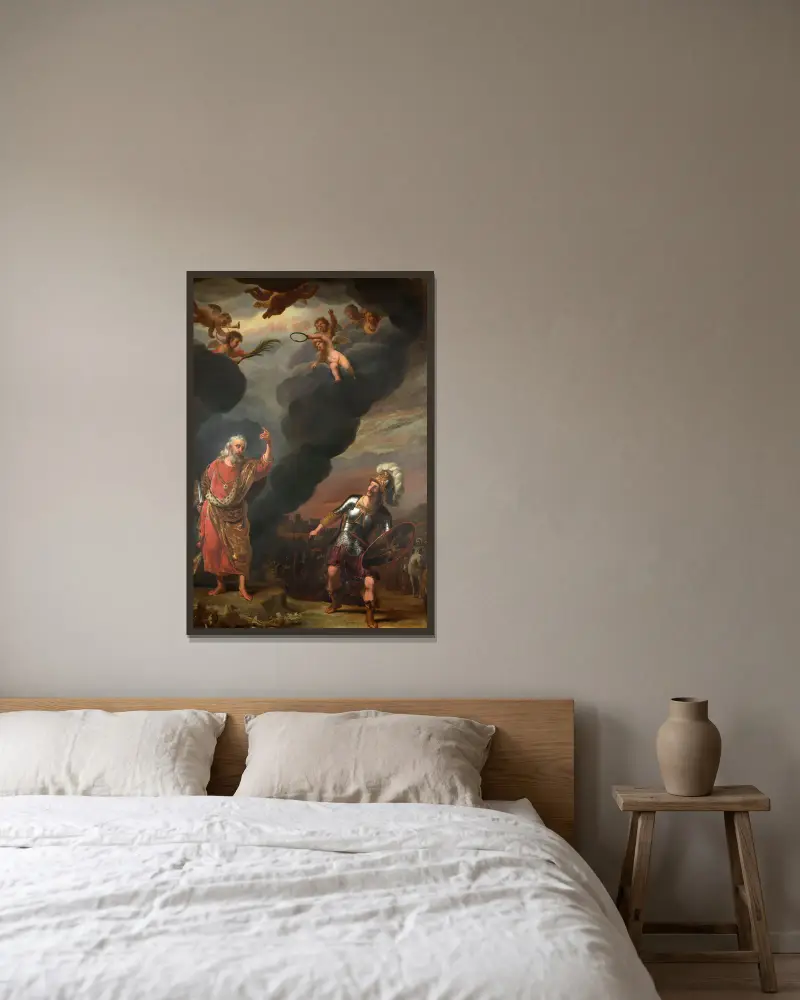 Guds härs kapten visar sig för Josua av Ferdinand Bol inramad på en vägg